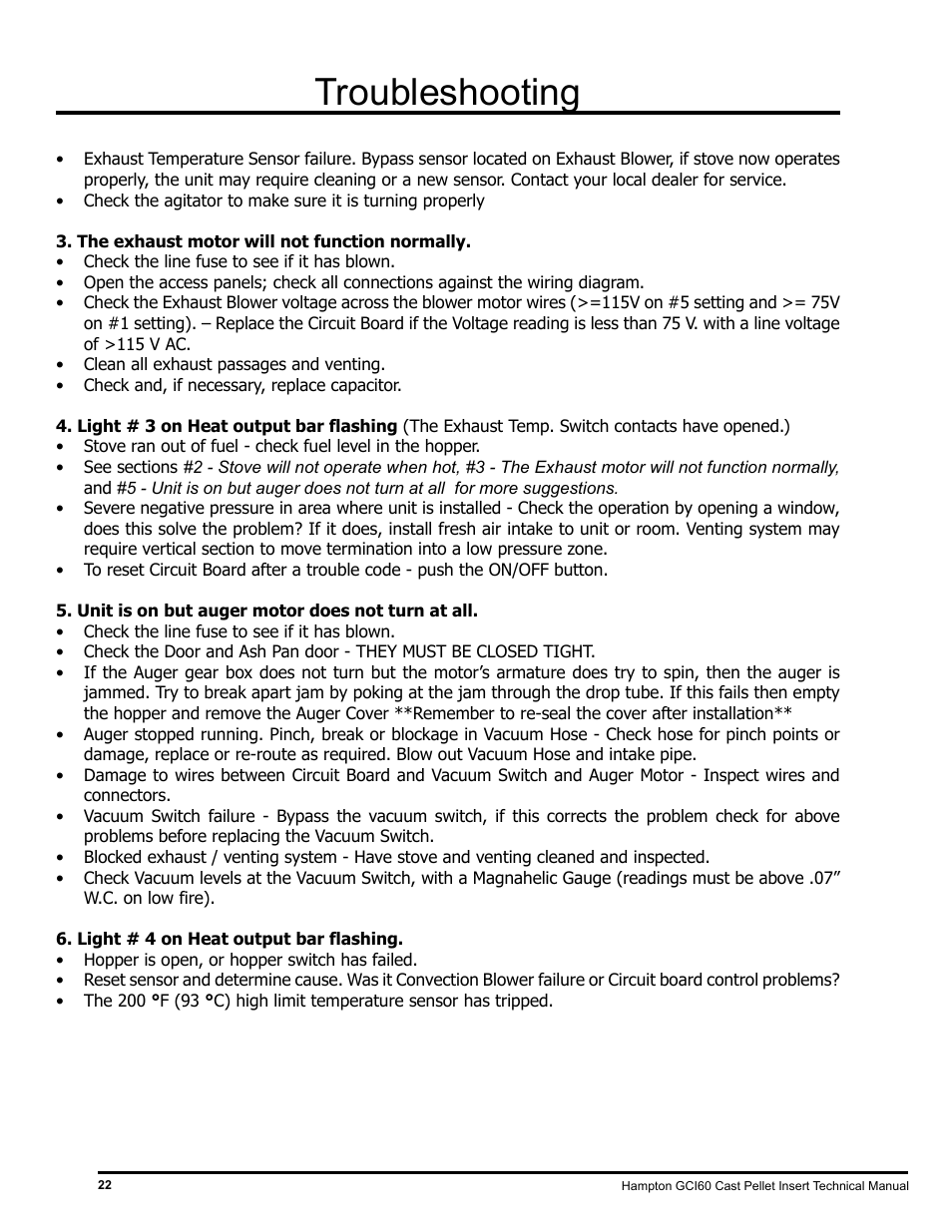 Troubleshooting | Regency Hampton GCI60 Large Pellet Insert TECHNICAL MANUAL User Manual | Page 22 / 34