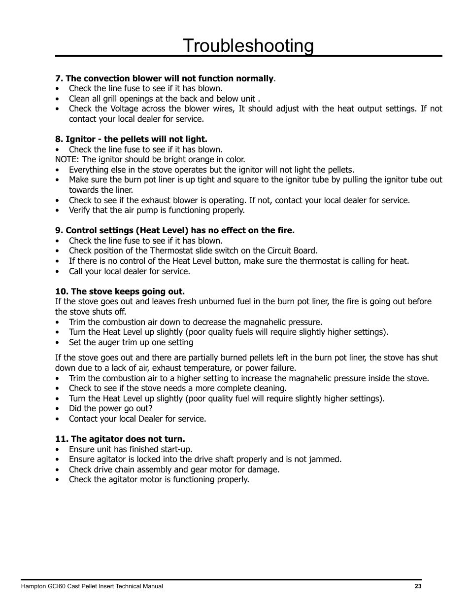 Troubleshooting | Regency Hampton GCI60 Large Pellet Insert TECHNICAL MANUAL User Manual | Page 23 / 34