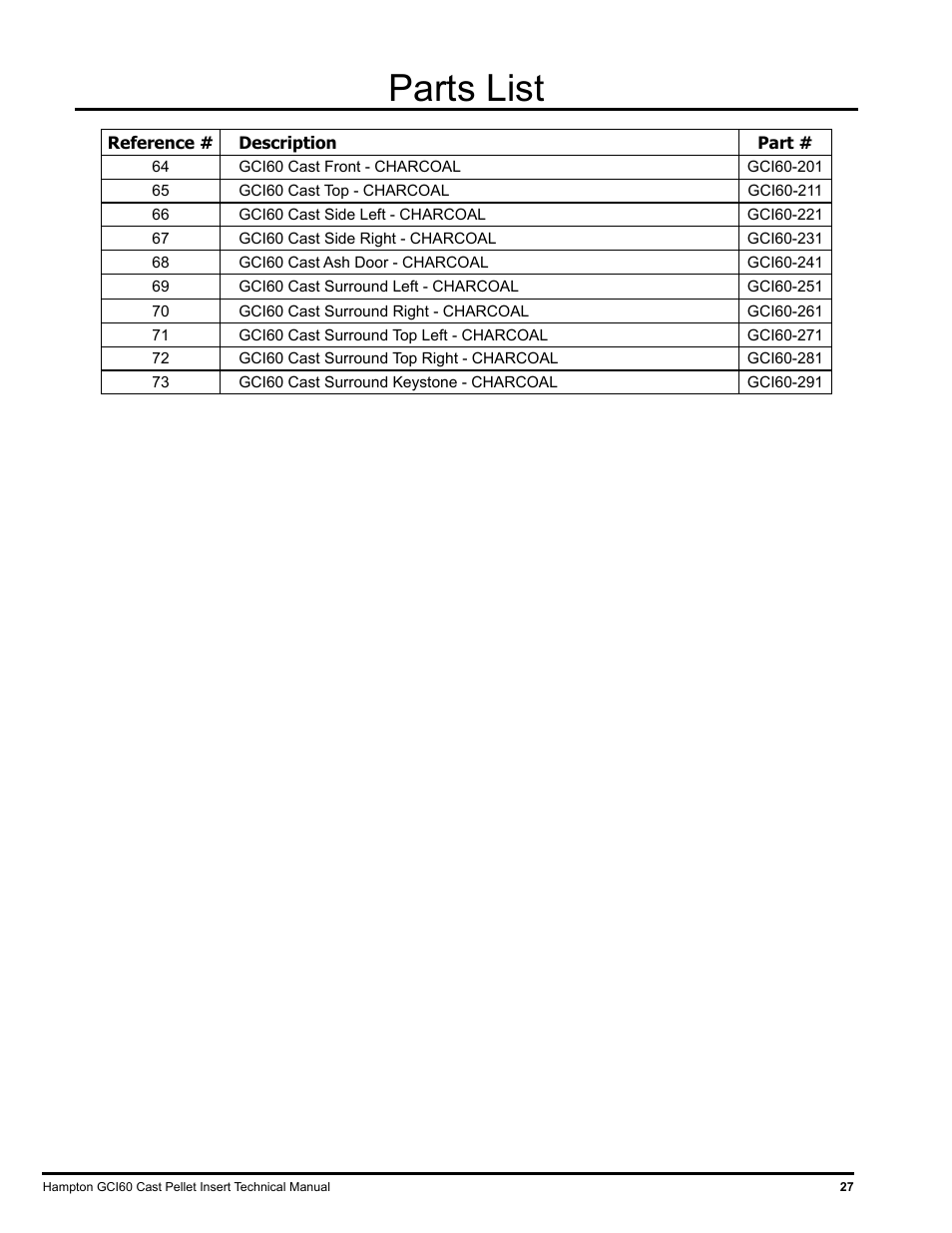 Parts list | Regency Hampton GCI60 Large Pellet Insert TECHNICAL MANUAL User Manual | Page 27 / 34