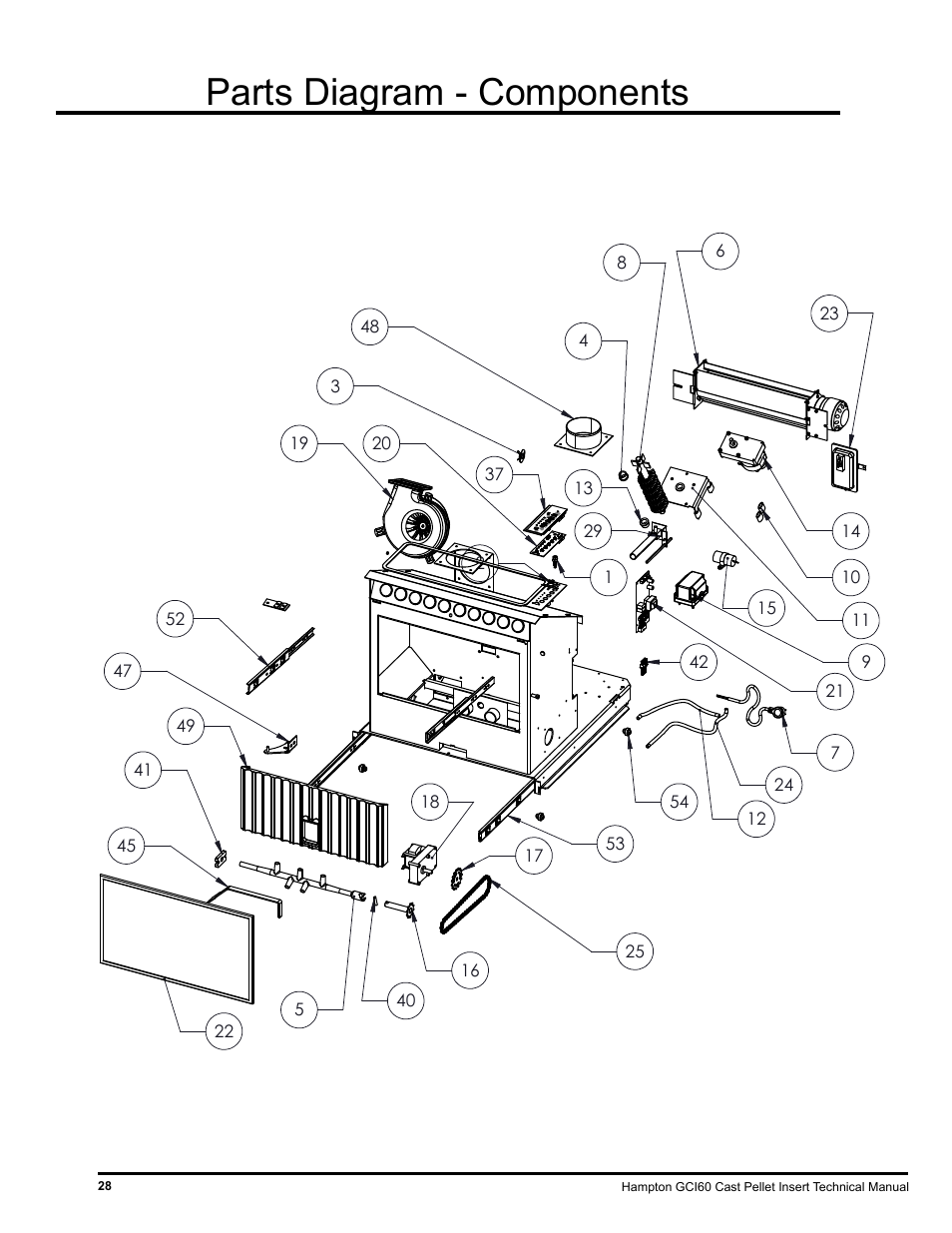 Parts diagram - components | Regency Hampton GCI60 Large Pellet Insert TECHNICAL MANUAL User Manual | Page 28 / 34