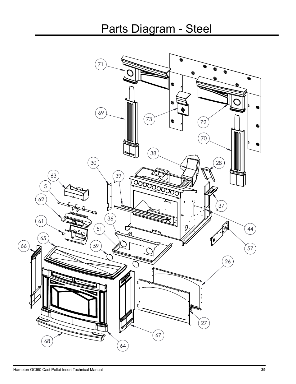 Parts diagram - steel | Regency Hampton GCI60 Large Pellet Insert TECHNICAL MANUAL User Manual | Page 29 / 34