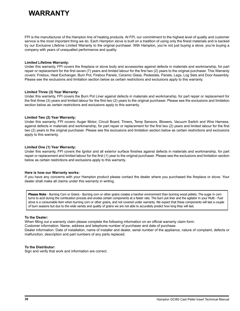 Warranty | Regency Hampton GCI60 Large Pellet Insert TECHNICAL MANUAL User Manual | Page 30 / 34