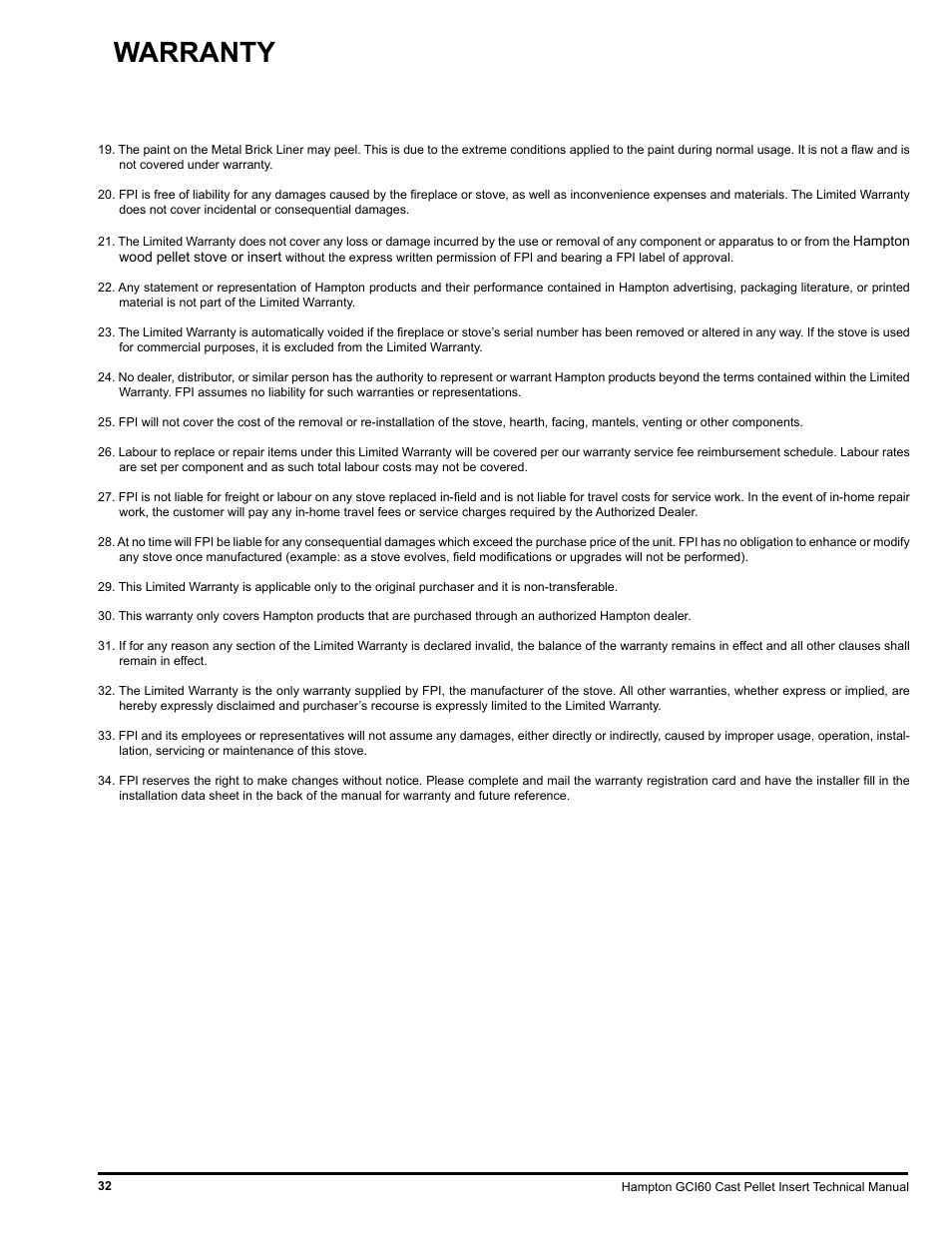 Warranty | Regency Hampton GCI60 Large Pellet Insert TECHNICAL MANUAL User Manual | Page 32 / 34