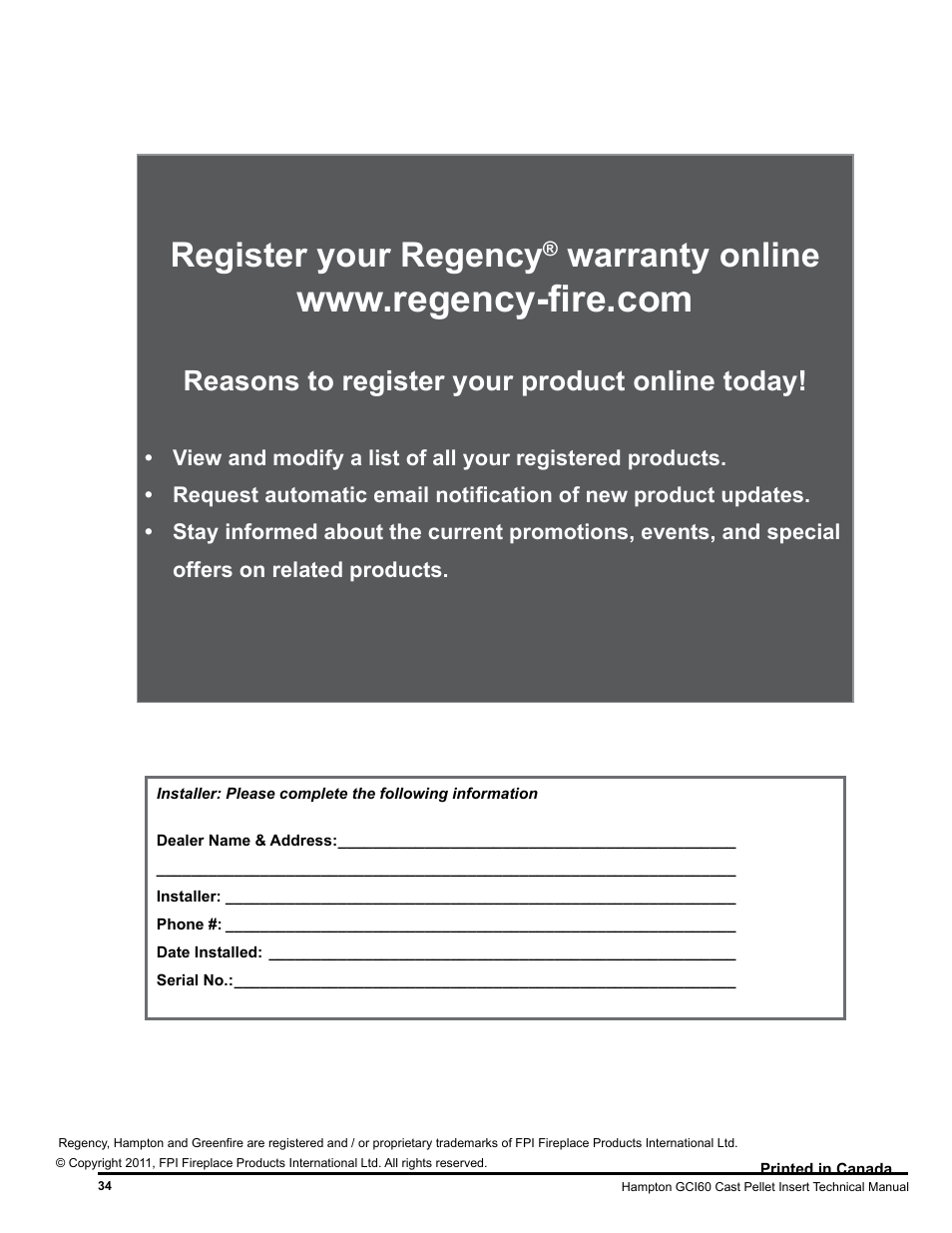 Register your regency, Warranty online, Reasons to register your product online today | Regency Hampton GCI60 Large Pellet Insert TECHNICAL MANUAL User Manual | Page 34 / 34