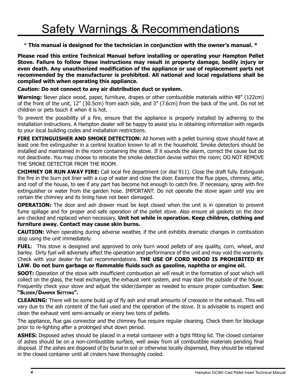 Safety warnings & recommendations | Regency Hampton GCI60 Large Pellet Insert TECHNICAL MANUAL User Manual | Page 4 / 34