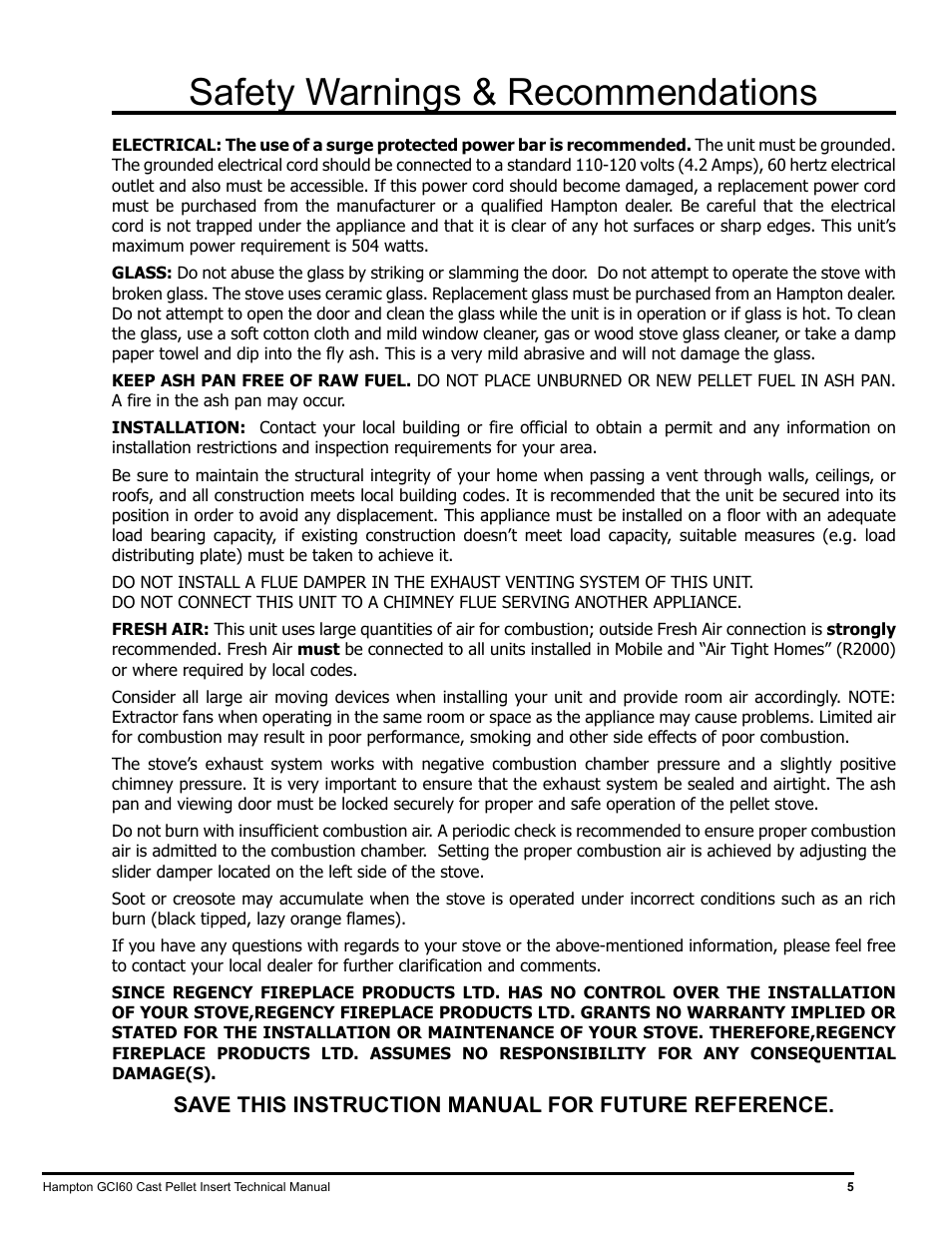 Safety warnings & recommendations, Save this instruction manual for future reference | Regency Hampton GCI60 Large Pellet Insert TECHNICAL MANUAL User Manual | Page 5 / 34