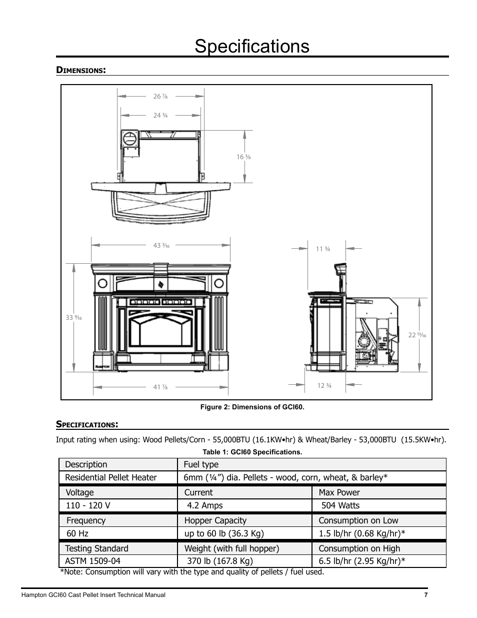 Specifications | Regency Hampton GCI60 Large Pellet Insert TECHNICAL MANUAL User Manual | Page 7 / 34