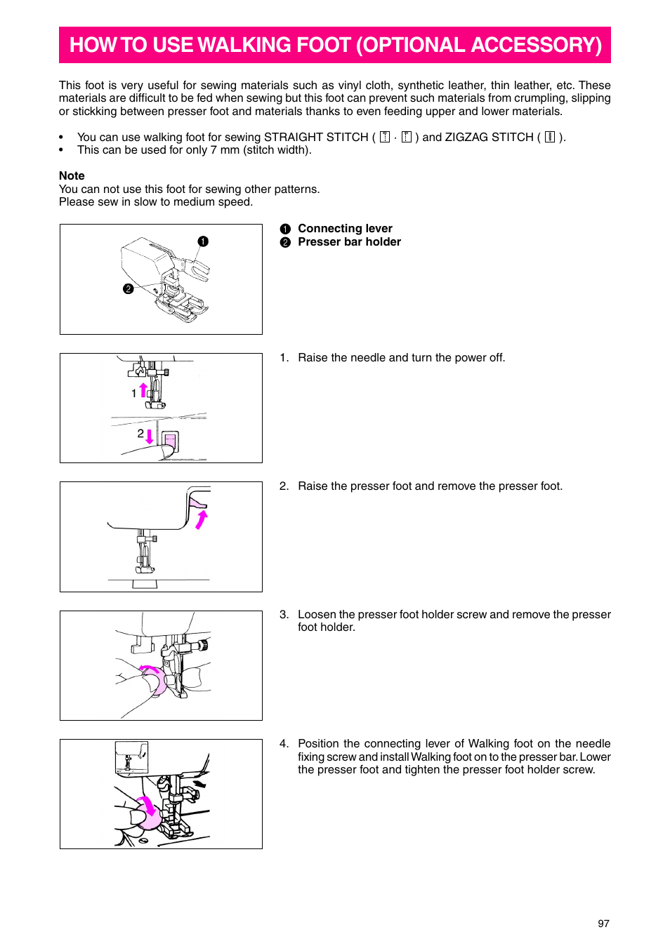 How to use walking foot (optional accessory) | Brother PC 3000 User Manual | Page 100 / 104