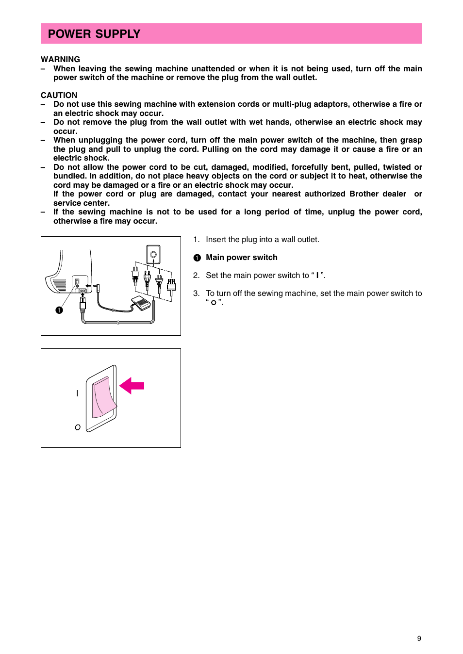 Power supply | Brother PC 3000 User Manual | Page 12 / 104