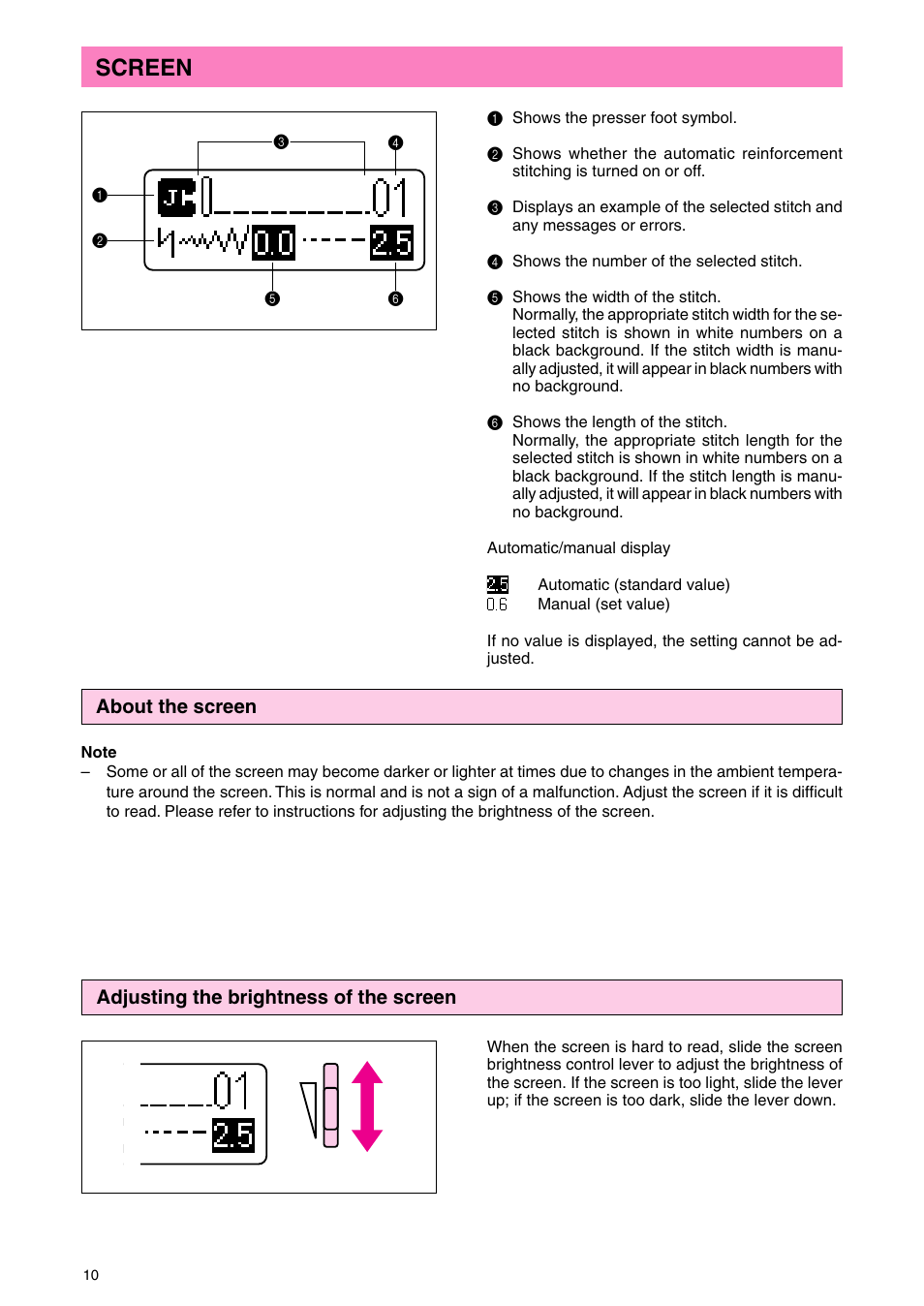 Screen, About the screen, Adjusting the brightness of the screen | Brother PC 3000 User Manual | Page 13 / 104