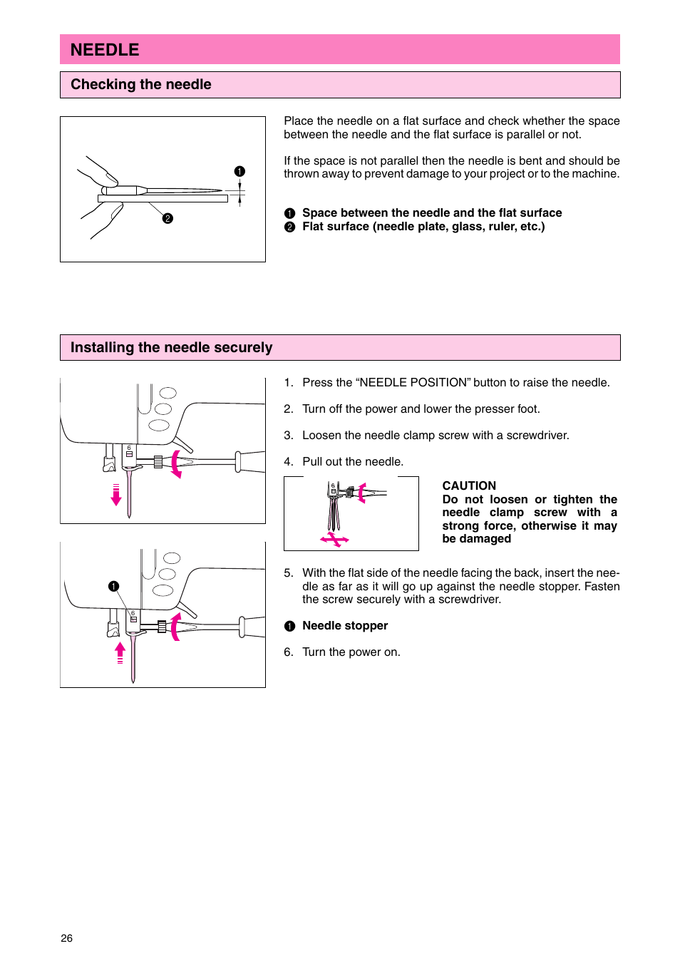 Needle, Installing the needle securely, Checking the needle | Brother PC 3000 User Manual | Page 29 / 104