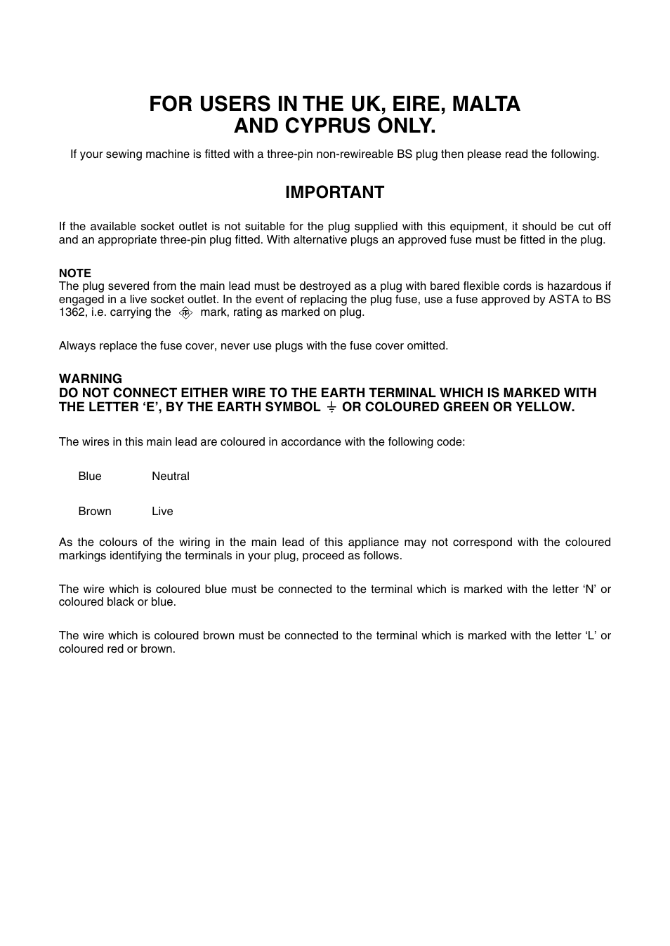 For users in the uk, eire, malta and cyprus only, Important | Brother PC 3000 User Manual | Page 3 / 104