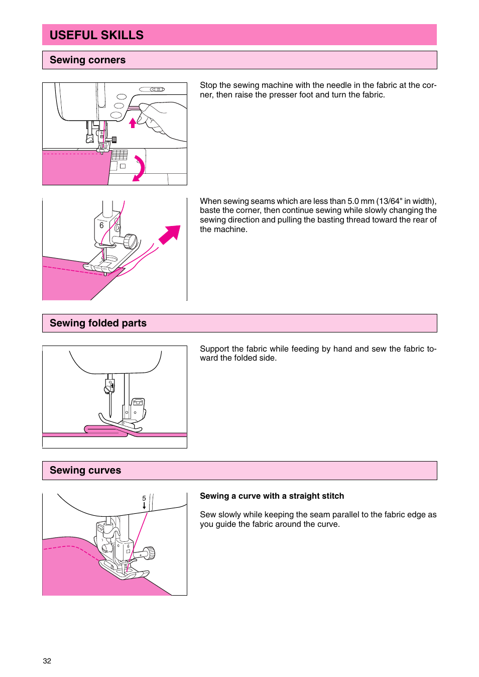 Useful skills, Sewing corners, Sewing folded parts | Sewing curves | Brother PC 3000 User Manual | Page 35 / 104