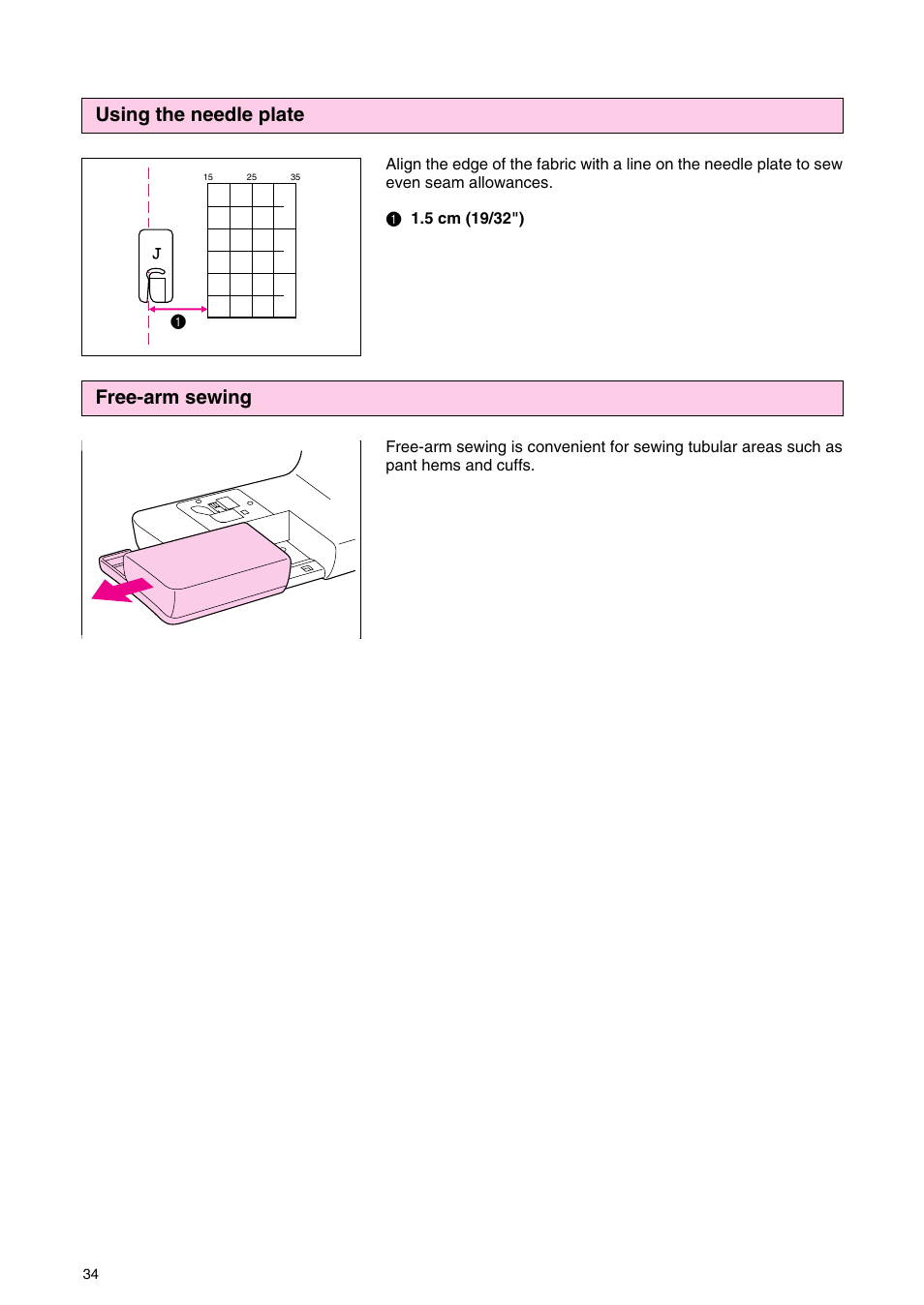 Using the needle plate, Free-arm sewing | Brother PC 3000 User Manual | Page 37 / 104