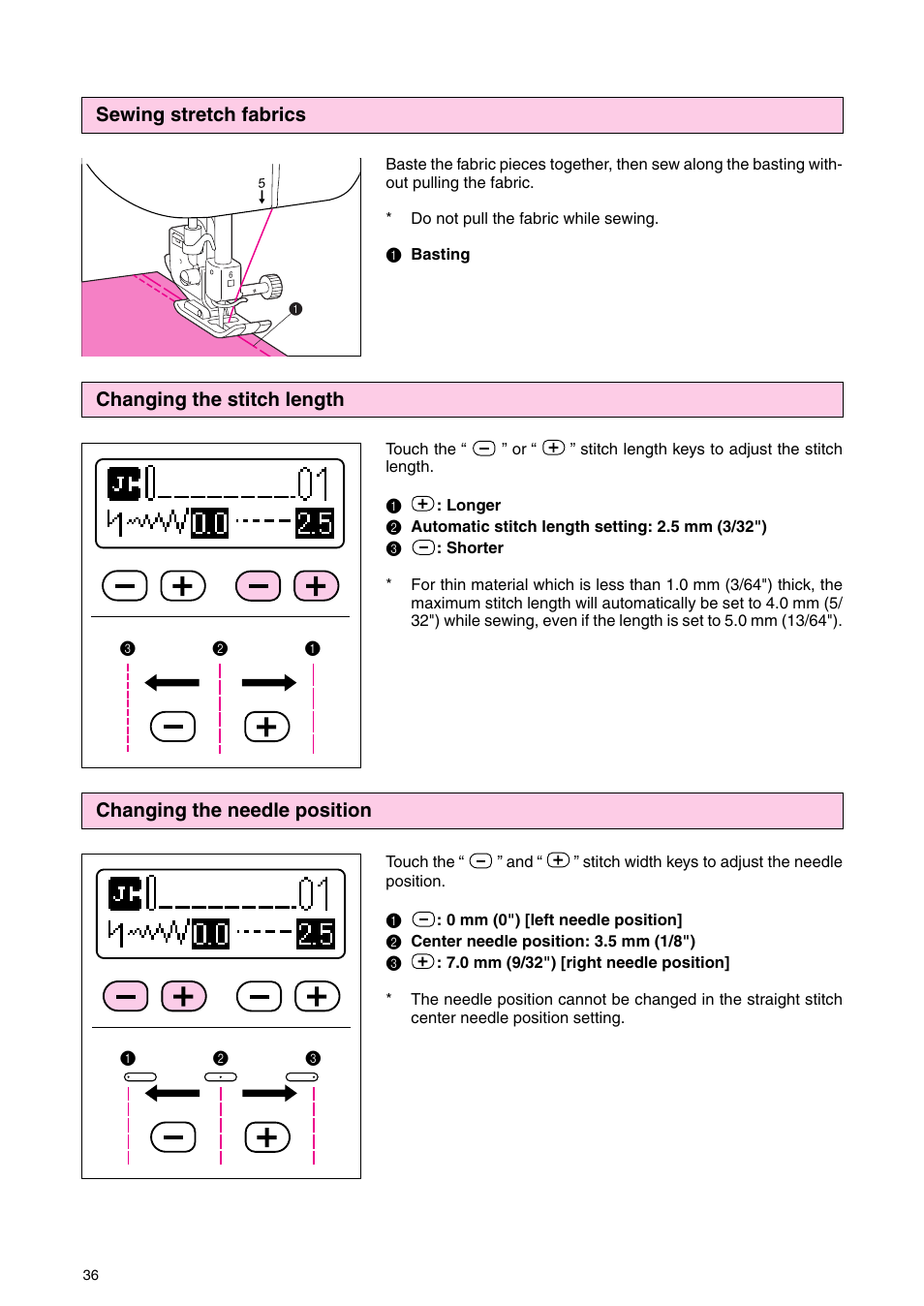 Changing the stitch length sewing stretch fabrics, Changing the needle position | Brother PC 3000 User Manual | Page 39 / 104