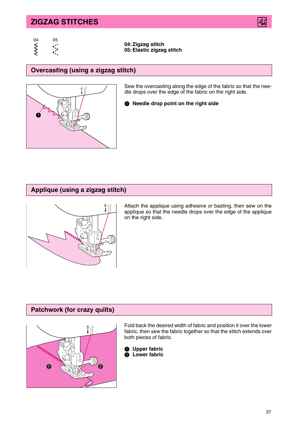 Zigzag stitches, Overcasting (using a zigzag stitch), Applique (using a zigzag stitch) | Patchwork (for crazy quilts) | Brother PC 3000 User Manual | Page 40 / 104