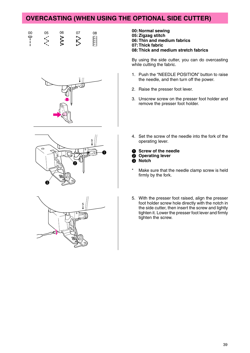 Overcasting (when using the optional side cutter) | Brother PC 3000 User Manual | Page 42 / 104