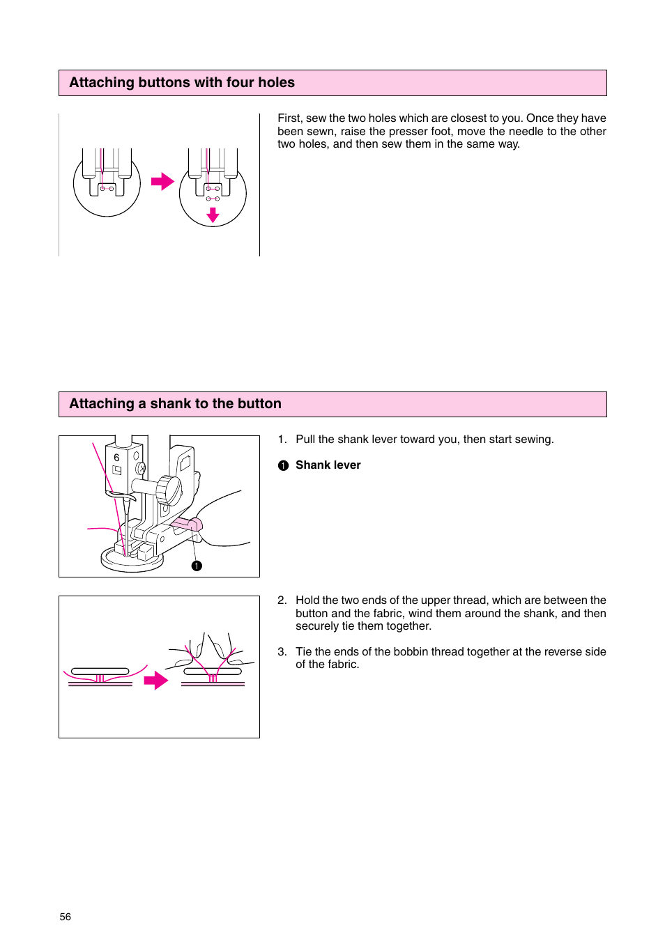 Attaching buttons with four holes, Attaching a shank to the button | Brother PC 3000 User Manual | Page 59 / 104