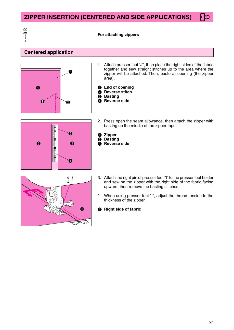 Zipper insertion (centered and side applications), Centered application | Brother PC 3000 User Manual | Page 60 / 104