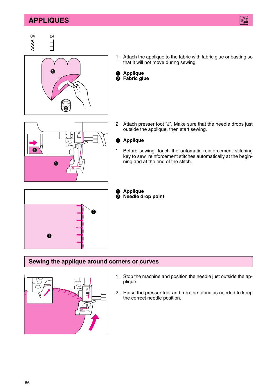 Appliques, Sewing the applique around corners or curves | Brother PC 3000 User Manual | Page 69 / 104