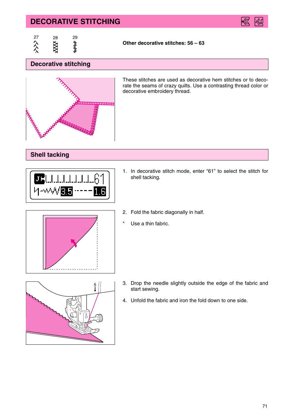 Decorative stitching, Shell tacking | Brother PC 3000 User Manual | Page 74 / 104