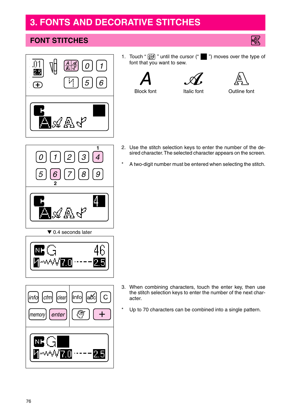 Fonts and decorative stitches, Font stitches | Brother PC 3000 User Manual | Page 79 / 104