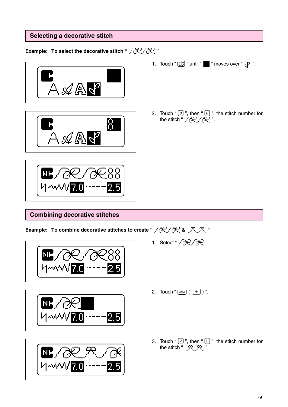 Selecting a decorative stitch, Combining decorative stitches | Brother PC 3000 User Manual | Page 82 / 104