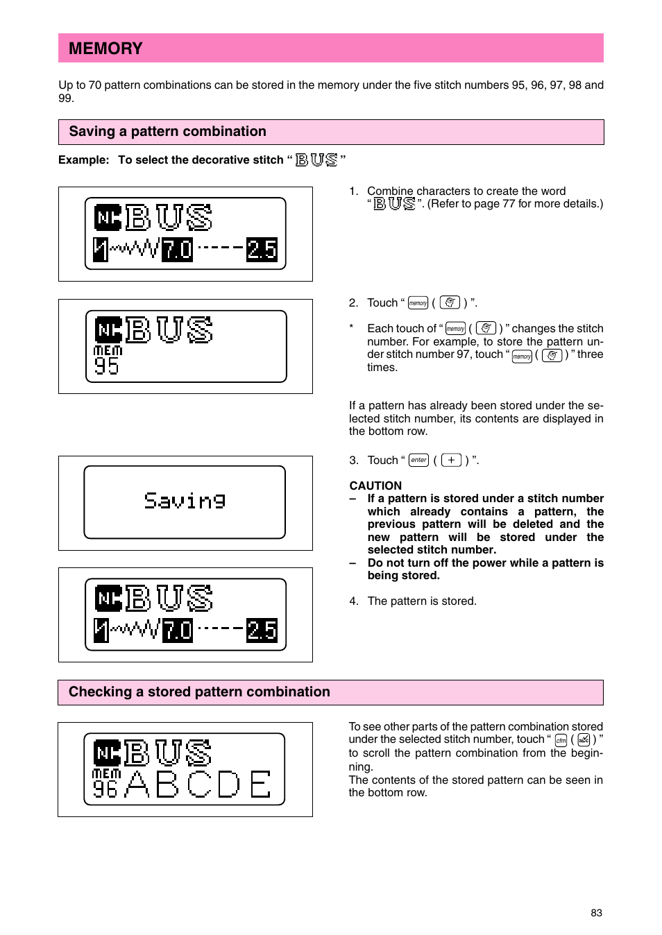 Saving a pattern combination, Checking a stored pattern combination | Brother PC 3000 User Manual | Page 86 / 104