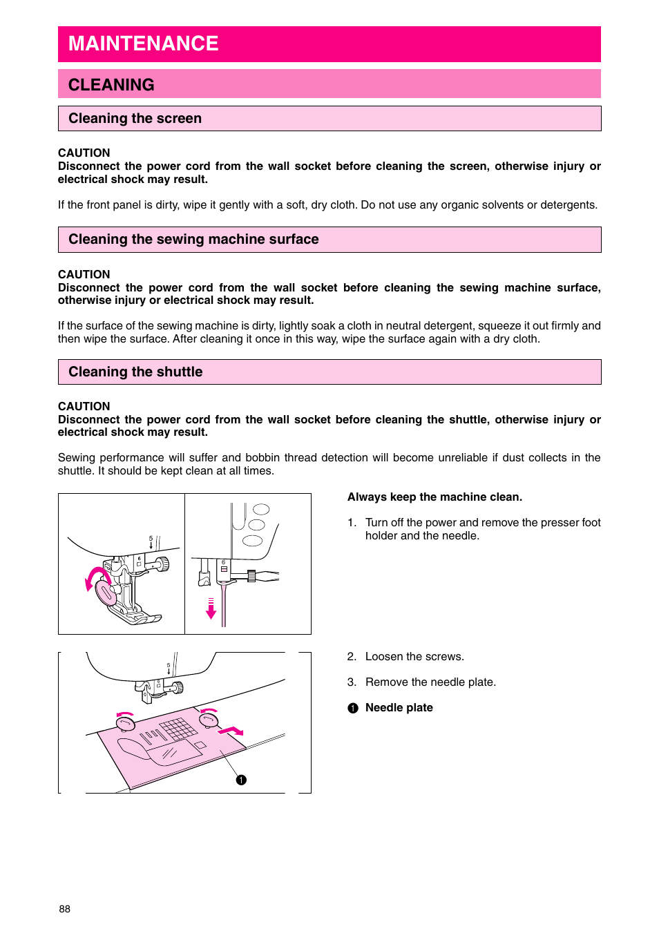 Maintenance, Cleaning, Cleaning the screen | Cleaning the sewing machine surface, Cleaning the shuttle | Brother PC 3000 User Manual | Page 91 / 104