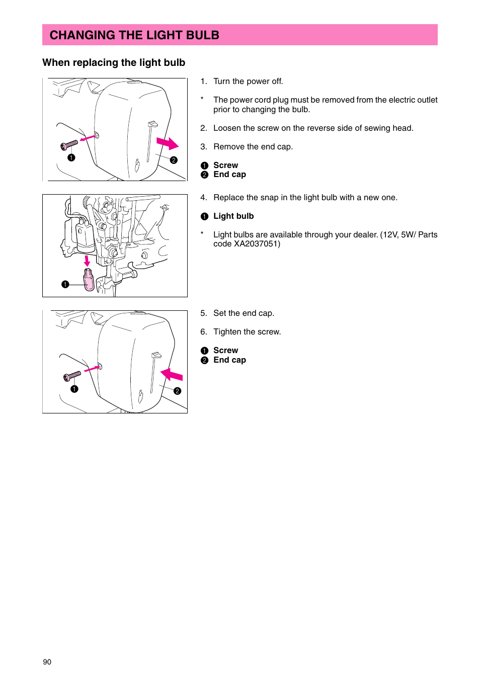 Changing the light bulb, When replacing the light bulb | Brother PC 3000 User Manual | Page 93 / 104