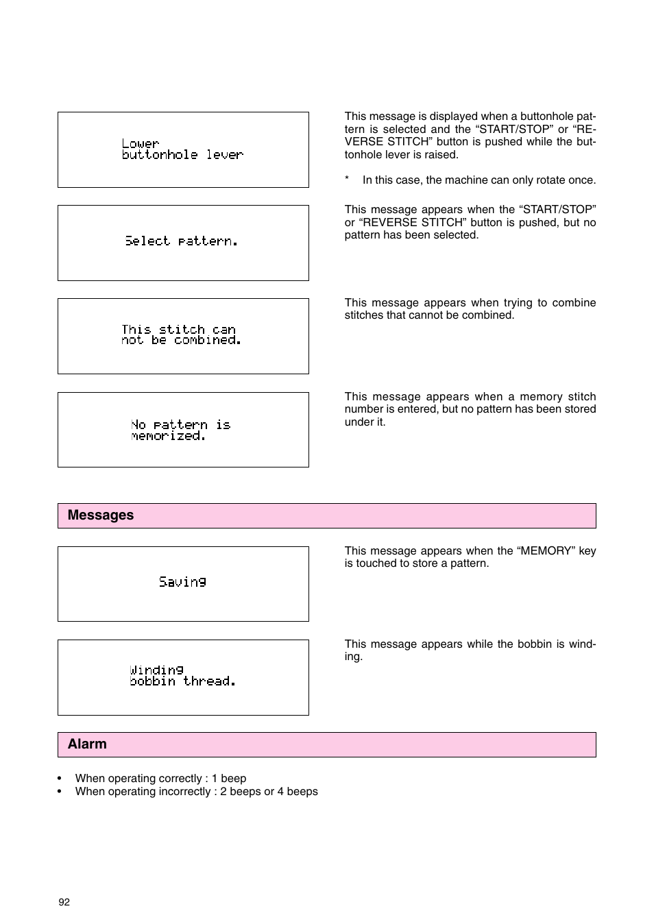 Messages alarm | Brother PC 3000 User Manual | Page 95 / 104