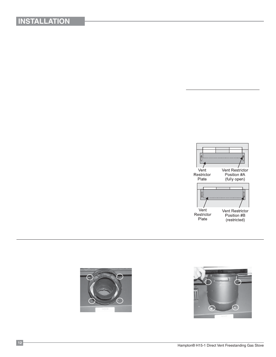 Installation, Installation precautions, Venting introduction | Safety precautions for the installer, Vent restrictor position, Rotating elbow | Regency Hampton H15 Small Gas Stove User Manual | Page 12 / 48