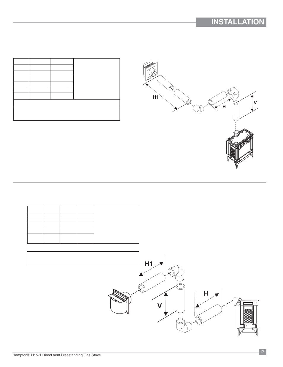 Installation, H1 h v | Regency Hampton H15 Small Gas Stove User Manual | Page 17 / 48