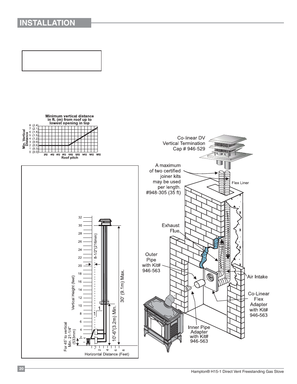 Installation, Vertical termination with co-linear flex system | Regency Hampton H15 Small Gas Stove User Manual | Page 20 / 48