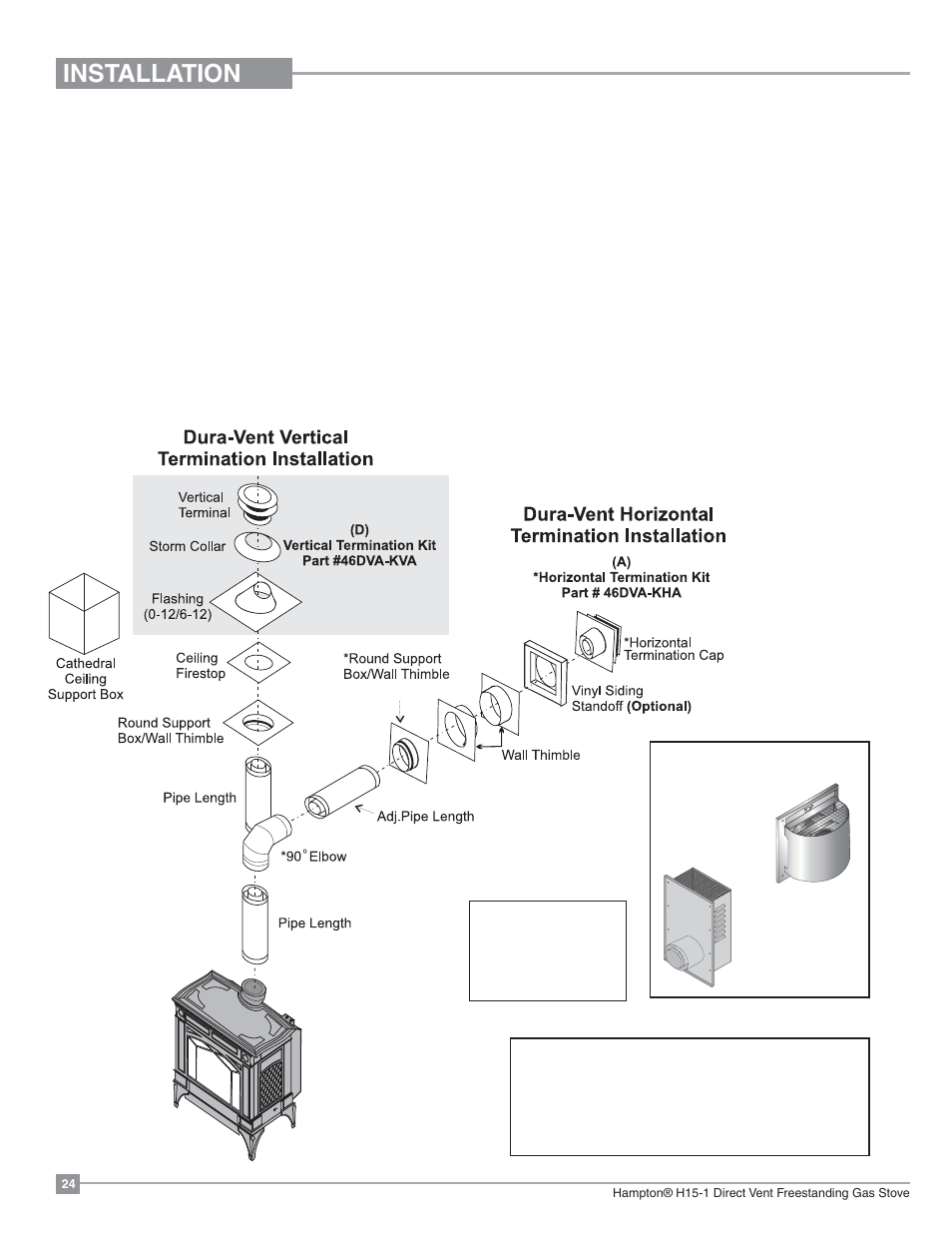 Installation, Dura-vent termination kit | Regency Hampton H15 Small Gas Stove User Manual | Page 24 / 48