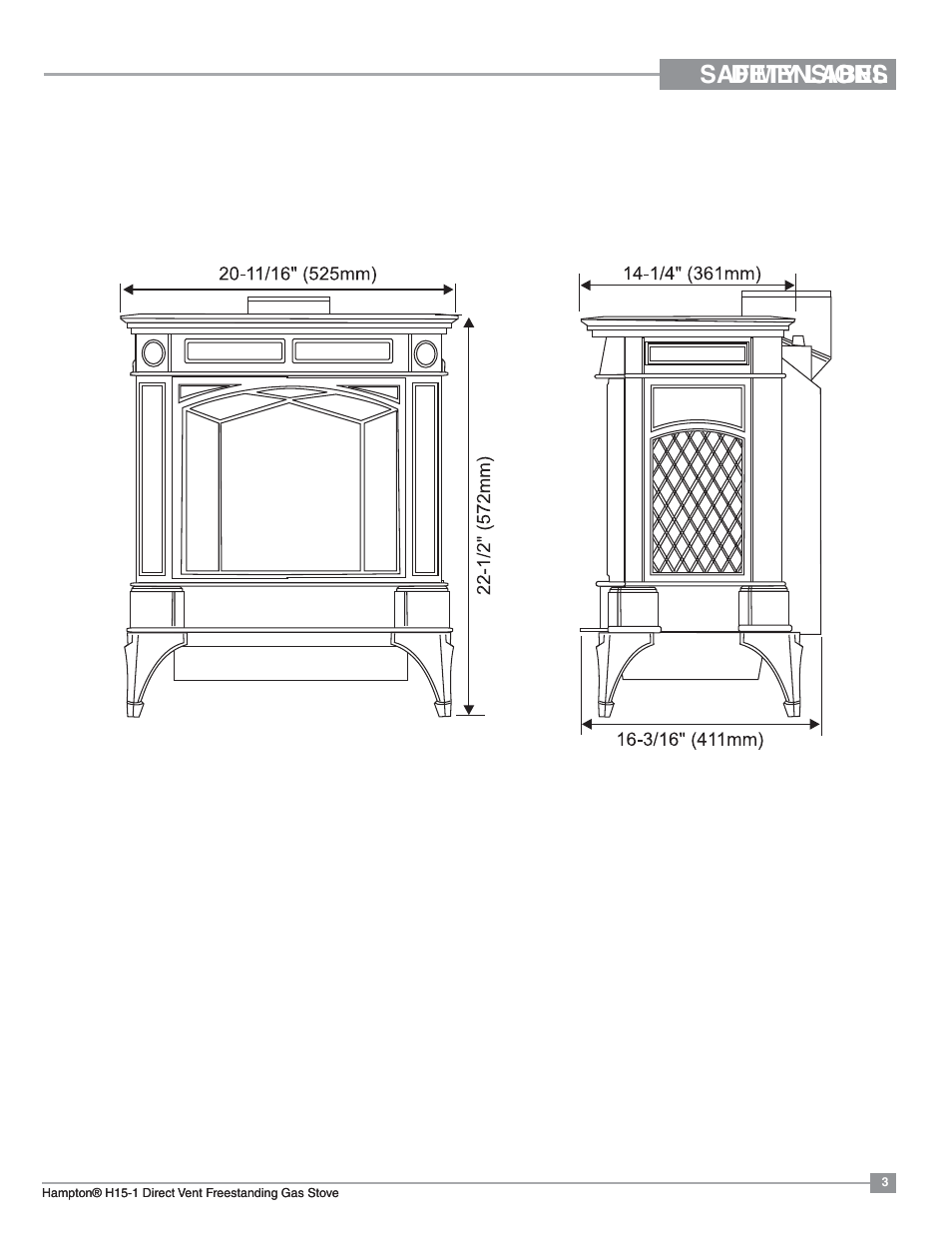 Safety label dimensions, Unit dimensions | Regency Hampton H15 Small Gas Stove User Manual | Page 3 / 48