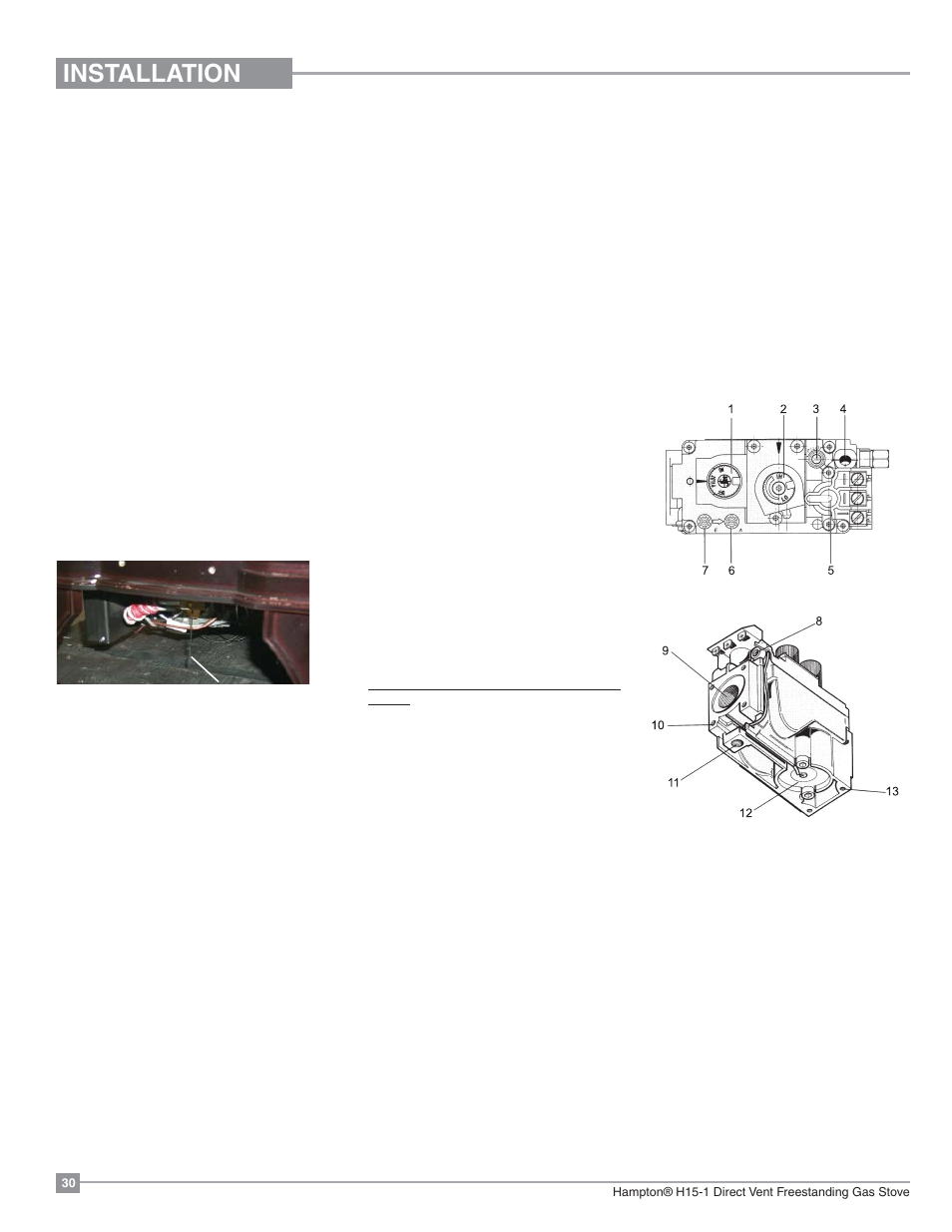 Installation, Gas pipe pressure testing, Aeration adjustment | Regency Hampton H15 Small Gas Stove User Manual | Page 30 / 48