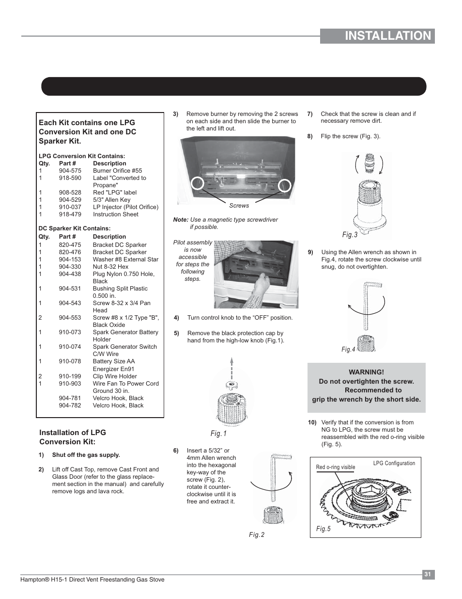 Installation, Fig. 1 | Regency Hampton H15 Small Gas Stove User Manual | Page 31 / 48