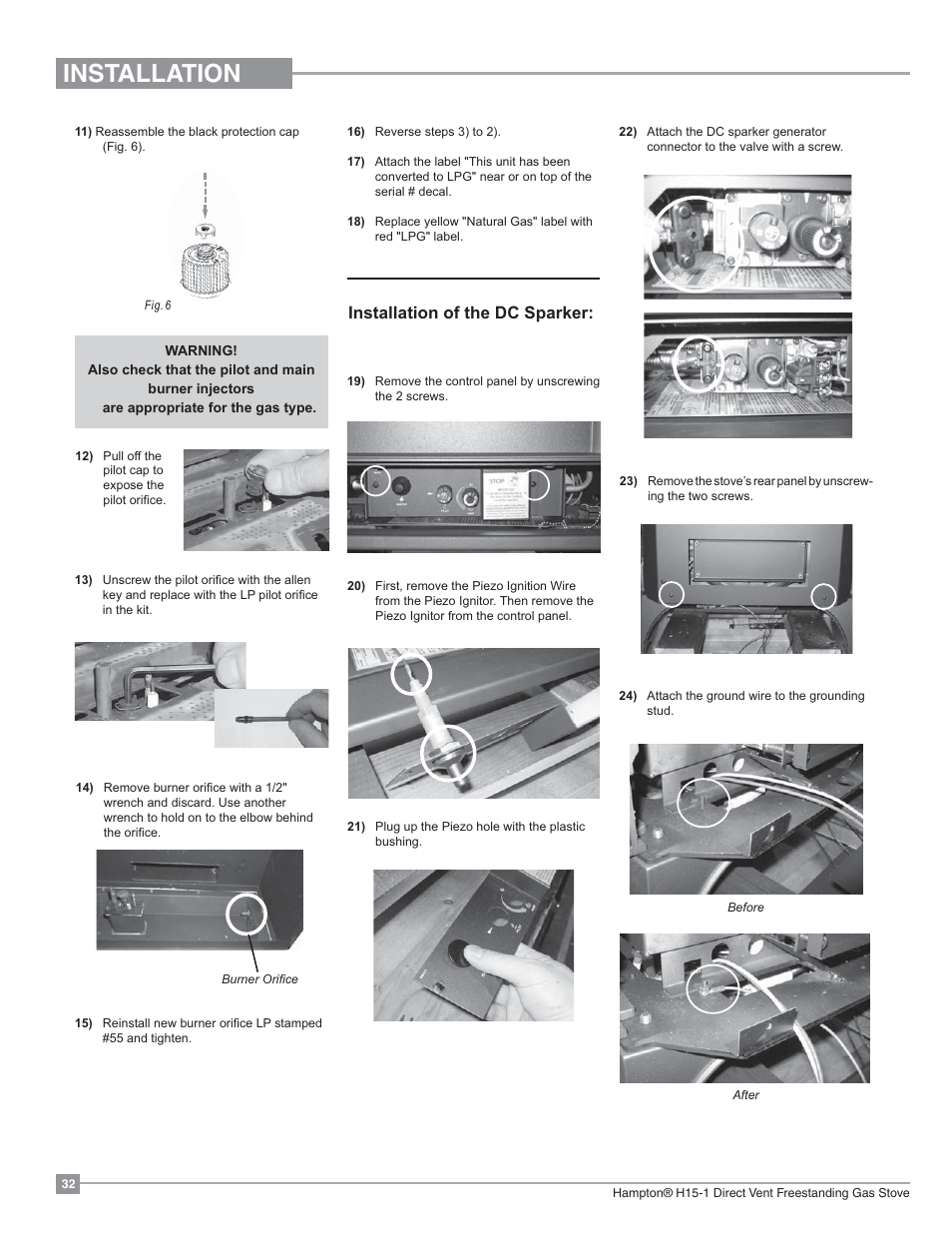Installation, Installation of the dc sparker | Regency Hampton H15 Small Gas Stove User Manual | Page 32 / 48