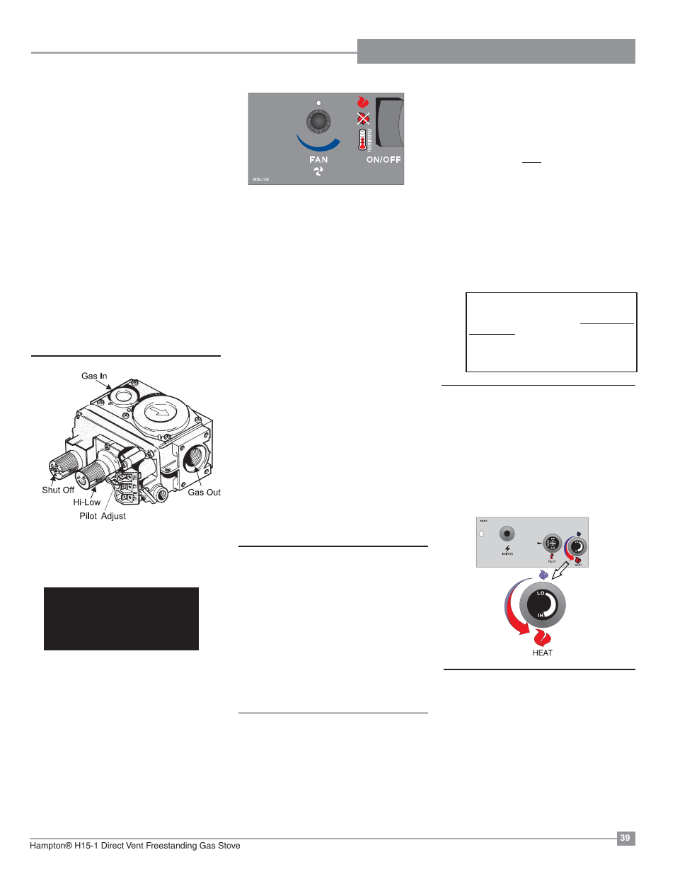 Installation operating instructions, Automatic convection fan operation, Adjusting flame height | Operating instructions, Shutdown procedure, First fire, Lighting procedure | Regency Hampton H15 Small Gas Stove User Manual | Page 39 / 48