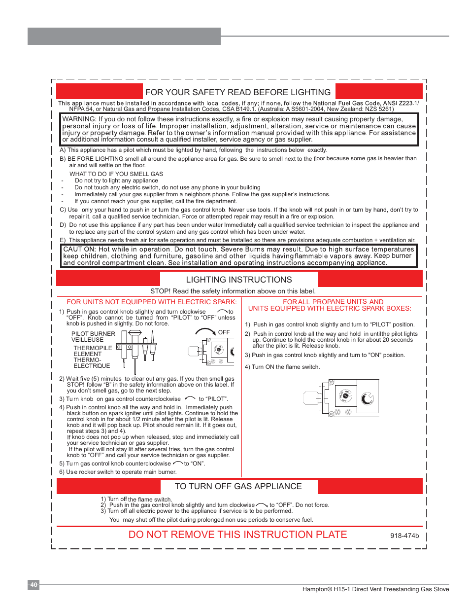 Operating instructions, Copy of the lighting plate instructions, Do not remove this instruction plate | For your safety read before lighting, Lighting instructions to turn off gas appliance | Regency Hampton H15 Small Gas Stove User Manual | Page 40 / 48