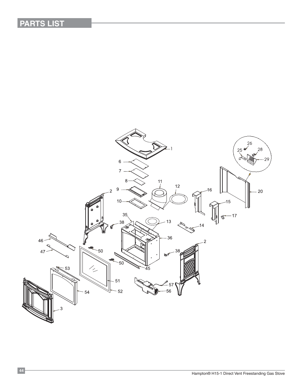 Parts list, Main assembly | Regency Hampton H15 Small Gas Stove User Manual | Page 44 / 48