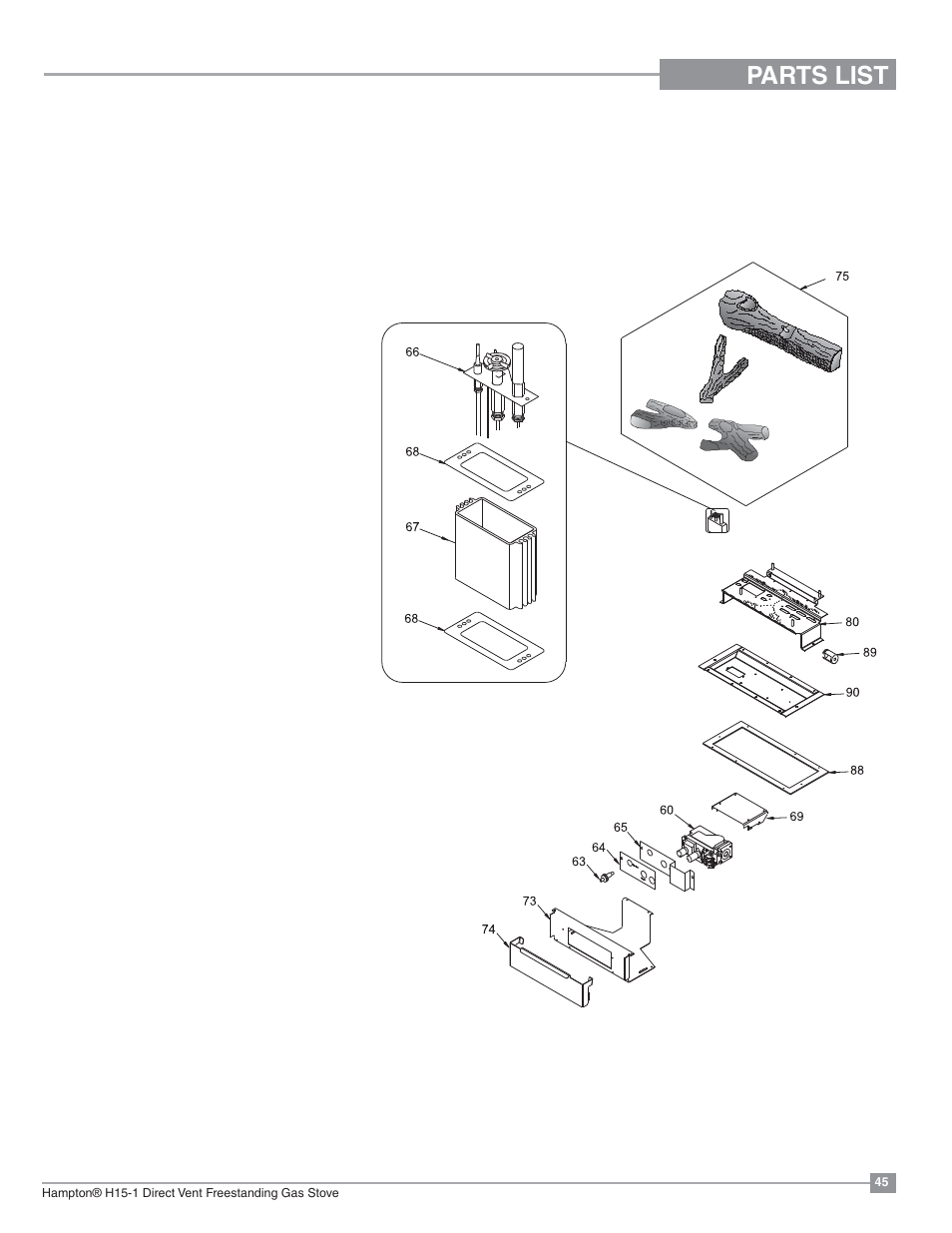 Parts list, Burner & log assembly | Regency Hampton H15 Small Gas Stove User Manual | Page 45 / 48