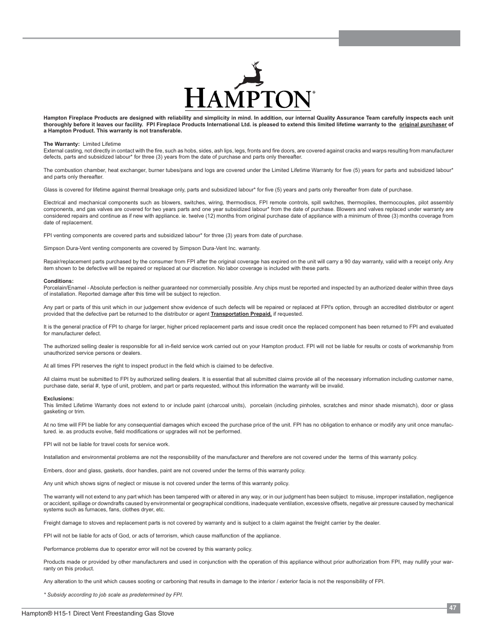 Warranty | Regency Hampton H15 Small Gas Stove User Manual | Page 47 / 48