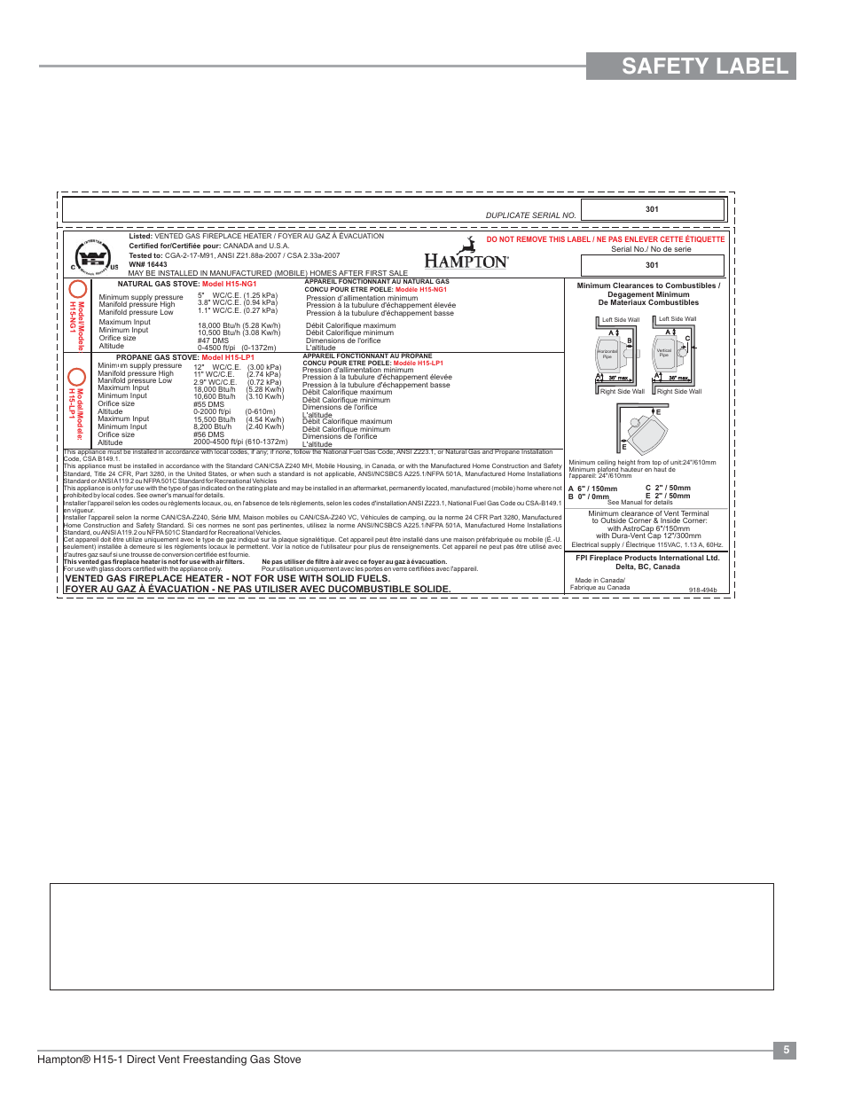 Safety label | Regency Hampton H15 Small Gas Stove User Manual | Page 5 / 48