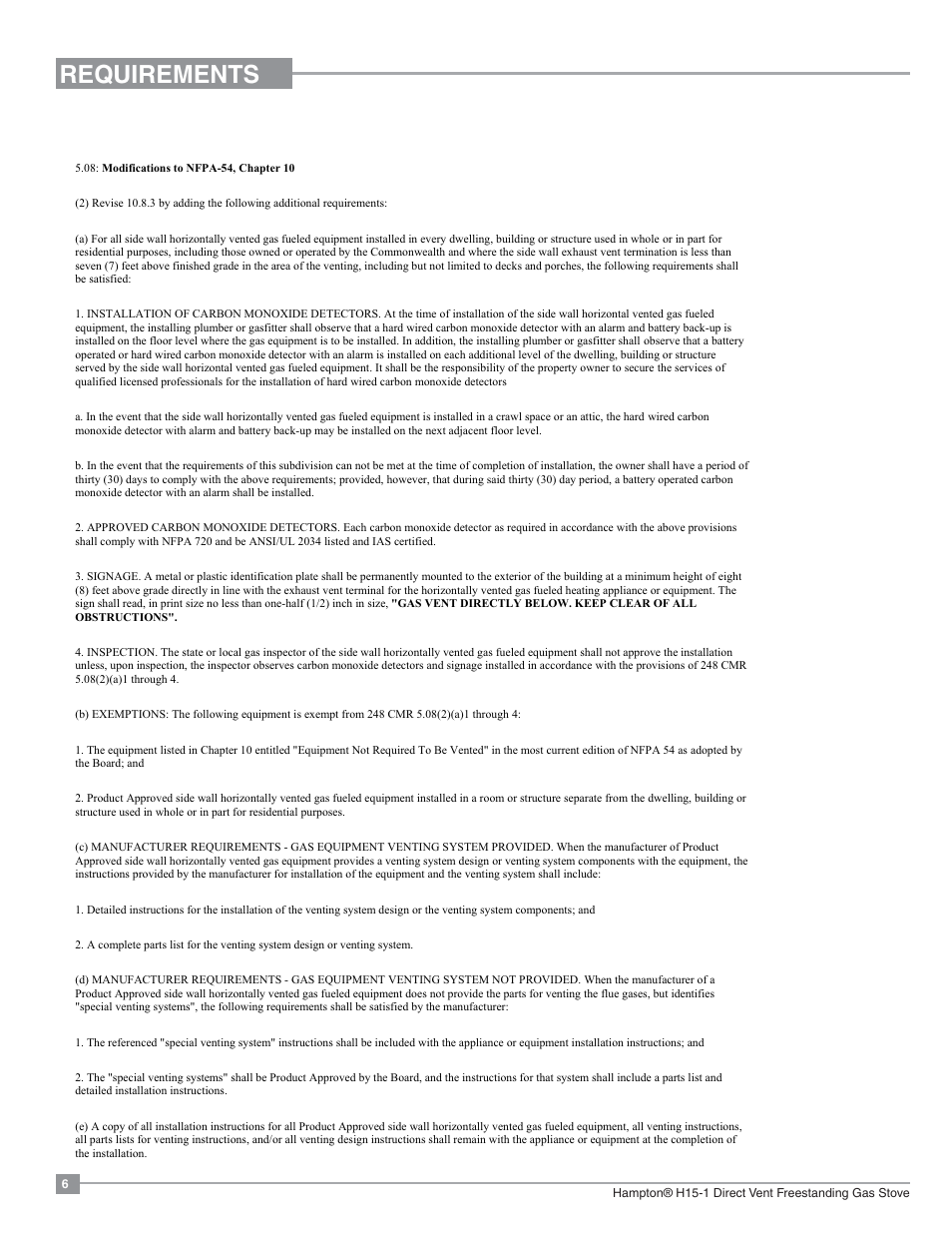 Requirements, Ma code - co detector | Regency Hampton H15 Small Gas Stove User Manual | Page 6 / 48