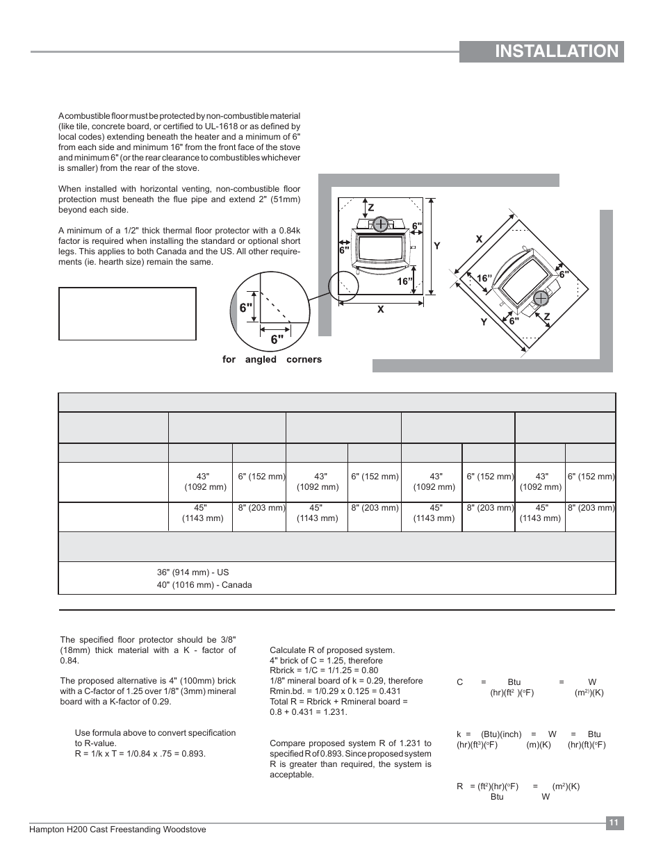 Installation, Floor protection | Regency Hampton H200 Medium Wood Stove User Manual | Page 11 / 36