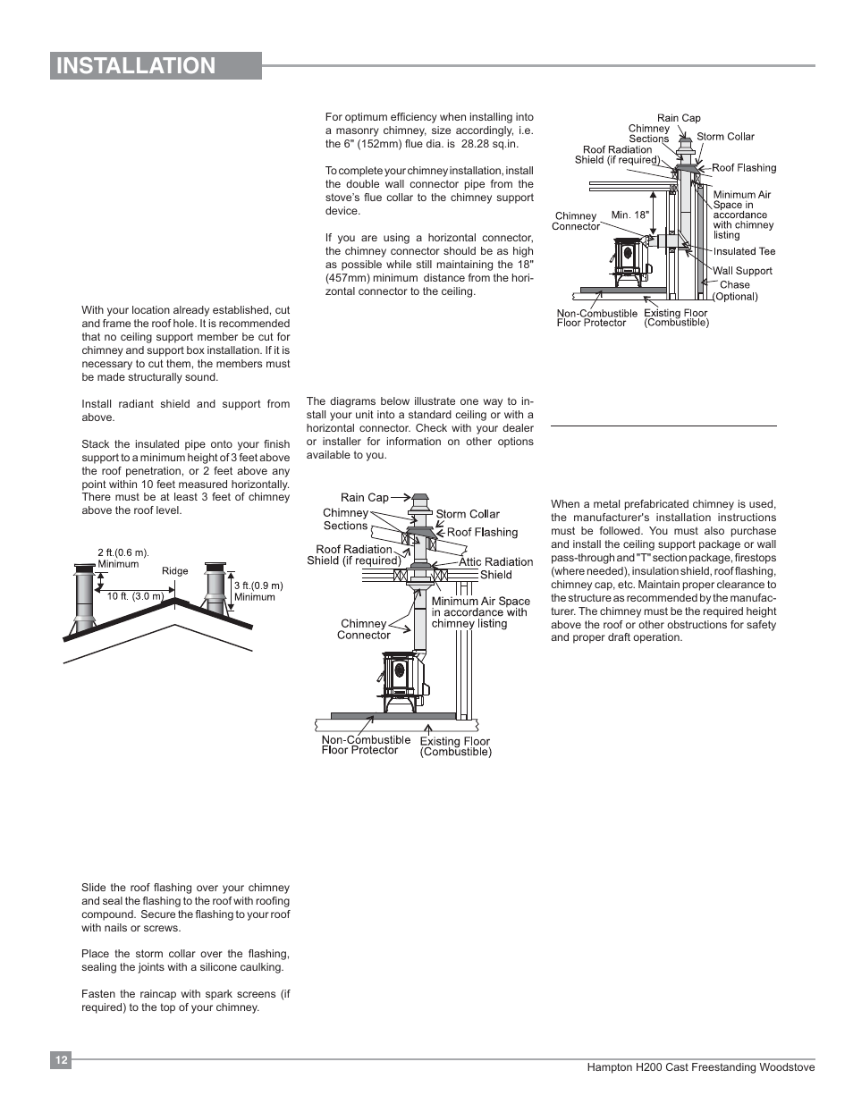 Installation, Factory built chimney, Step-by-step chimney and connector installation | Regency Hampton H200 Medium Wood Stove User Manual | Page 12 / 36