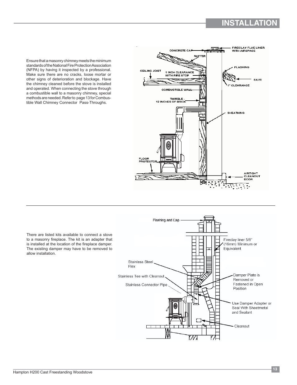 Installation, Masonry fireplace, Masonry chimney | Regency Hampton H200 Medium Wood Stove User Manual | Page 13 / 36