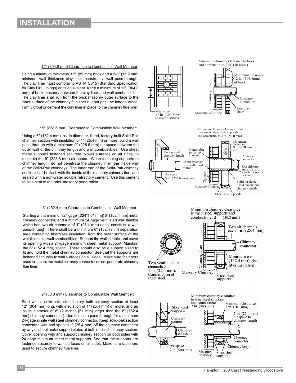 Installation, Combustible wall chimney connector pass-throughs | Regency Hampton H200 Medium Wood Stove User Manual | Page 14 / 36